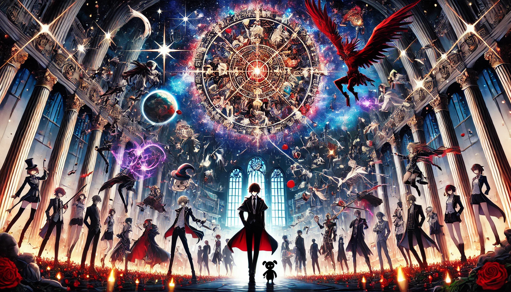 未来的なサイバーパンク都市を背景にした魔王2099のアニメのキャラクター。魔王が光る魔法のエフェクトを放ちながら、未来の世界で活躍するシーンを表現。