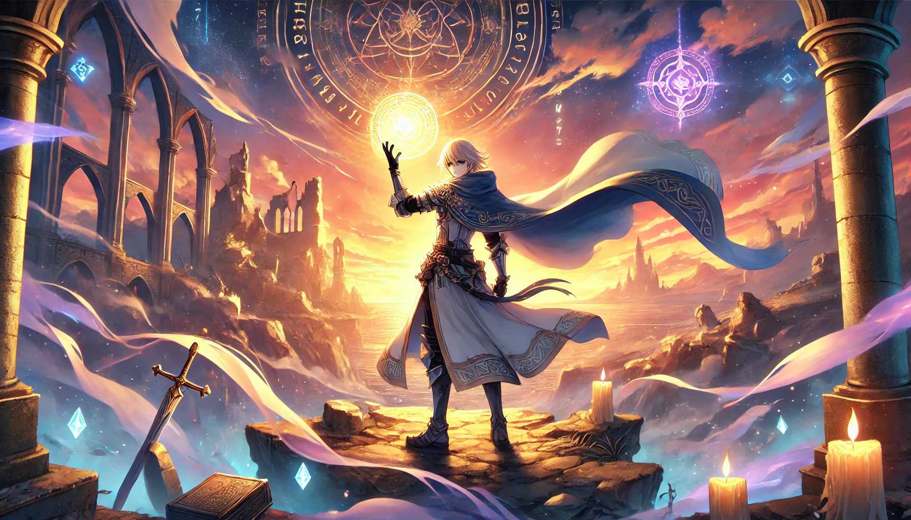 「嘆きの亡霊は引退したい」の最新話をテーマにしたアイキャッチ画像。幻想的なファンタジーの舞台を描き、崖の上に立つ中世風の鎧を身にまとった主人公が、光り輝くオーブを手にしている。背景には壮大な魔法の風景が広がり、夕焼け空、城の廃墟、空中に浮かぶ光るルーンが描かれている。温かく鮮やかな色彩が物語の感動的でドラマチックな雰囲気を強調している。