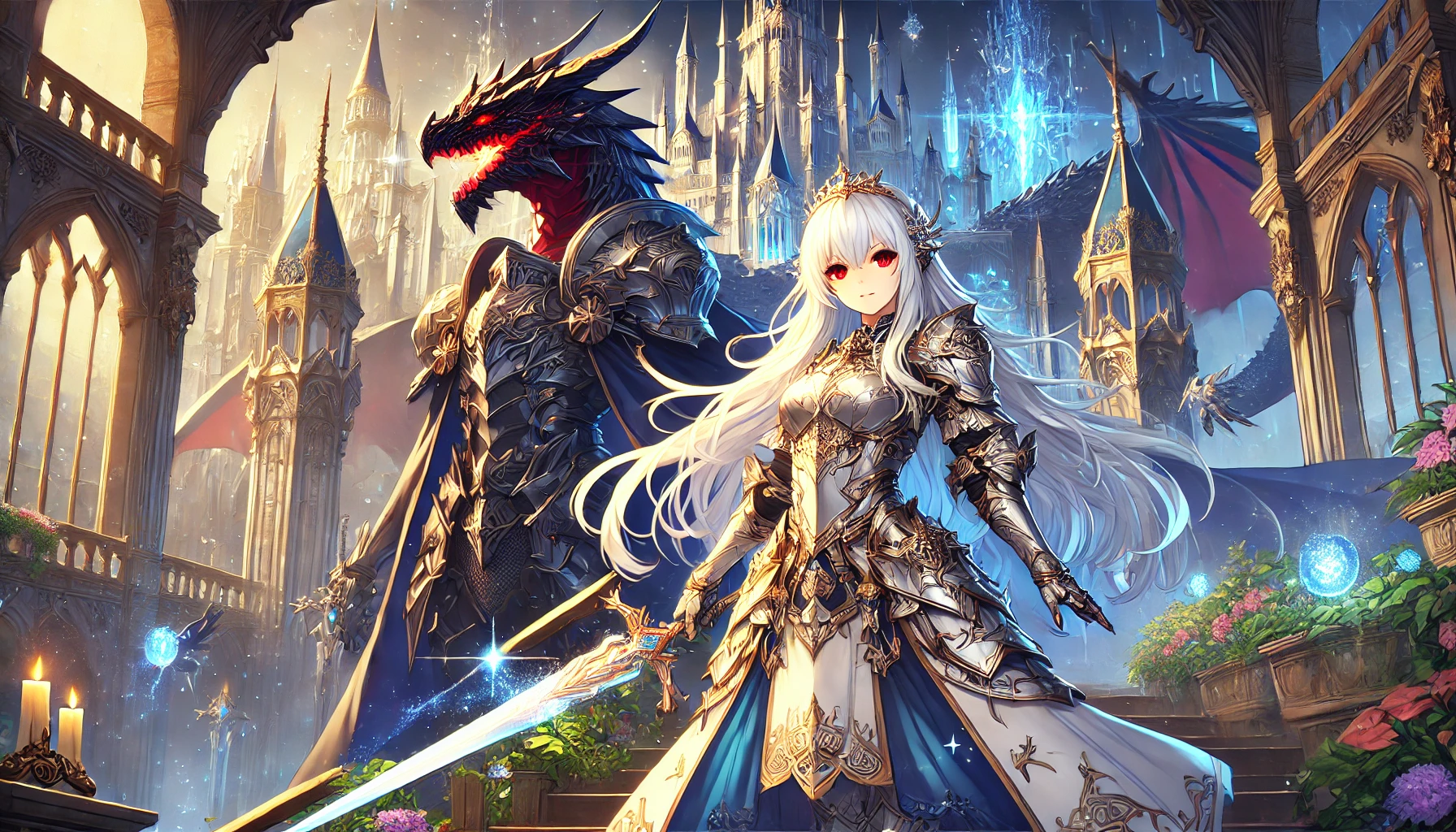 やり直し令嬢は竜帝陛下を攻略中のアイキャッチ画像。勇敢で美しい女性騎士ジルが輝く銀の鎧をまとい、長い髪が風になびいている。彼女の背後には竜帝ハディスの壮大な城がそびえ、ハディス自身は黒いマントを羽織り、鋭い赤い瞳が光を放っている。ファンタジーの世界観を反映した、壮麗なビジュアル。