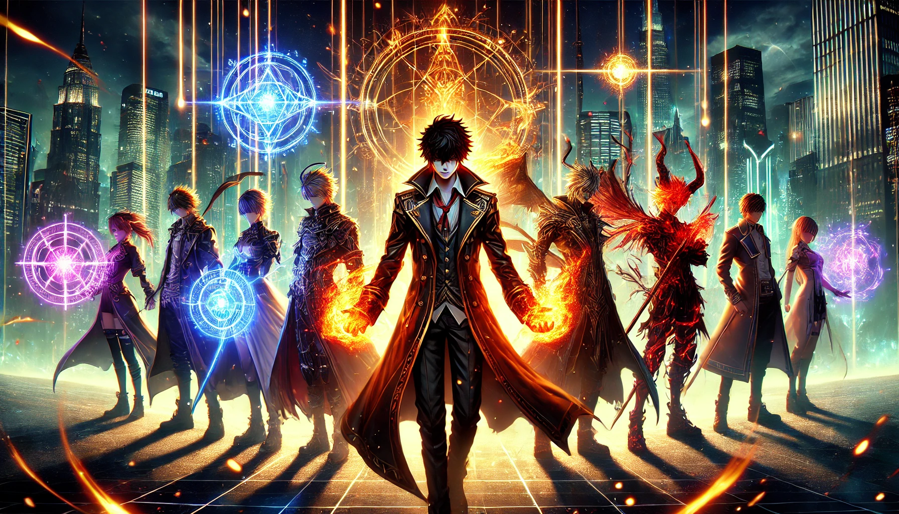 『魔王2099』の六魔侯をテーマにしたアイキャッチ画像。6人のキャラクターがサイバーパンク風の未来都市で立ち、中心のキャラクターは炎の力を使っている。背景には暗い空とネオンライトが輝き、物語の迫力を感じさせるシーンが描かれている。