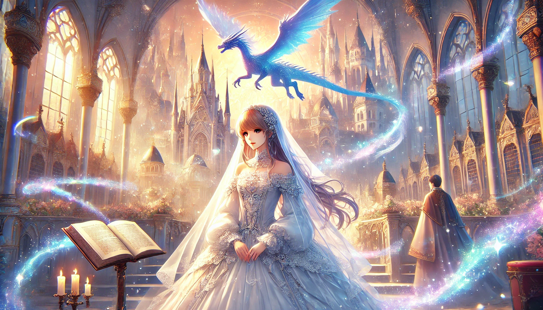 光が広がる幻想的な風景の中、ハイネックの長袖ドレスとショールをまとった貴族の女性が立っている。背景には宮殿と壮大な竜が飛び、控えめにタブレットと本のモチーフが描かれている。