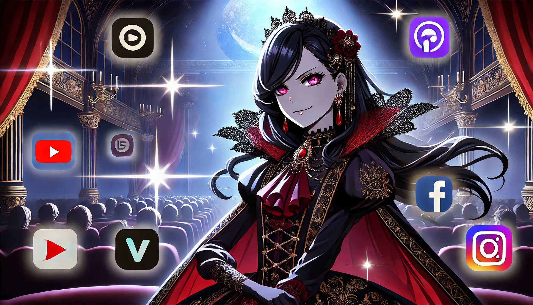 アニメ風に描かれたゴシック風の悪女。鋭い目つきと自信に満ちた笑みを浮かべ、黒・赤・紫の豪華なドレスをまとっている。背景には深い青の夜空と劇場のようなステージが広がり、スポットライトが輝く。周囲にはストリーミングサービスやTV放送を象徴するデジタルアイコンが浮かび、アニメの視聴手段を示唆している。