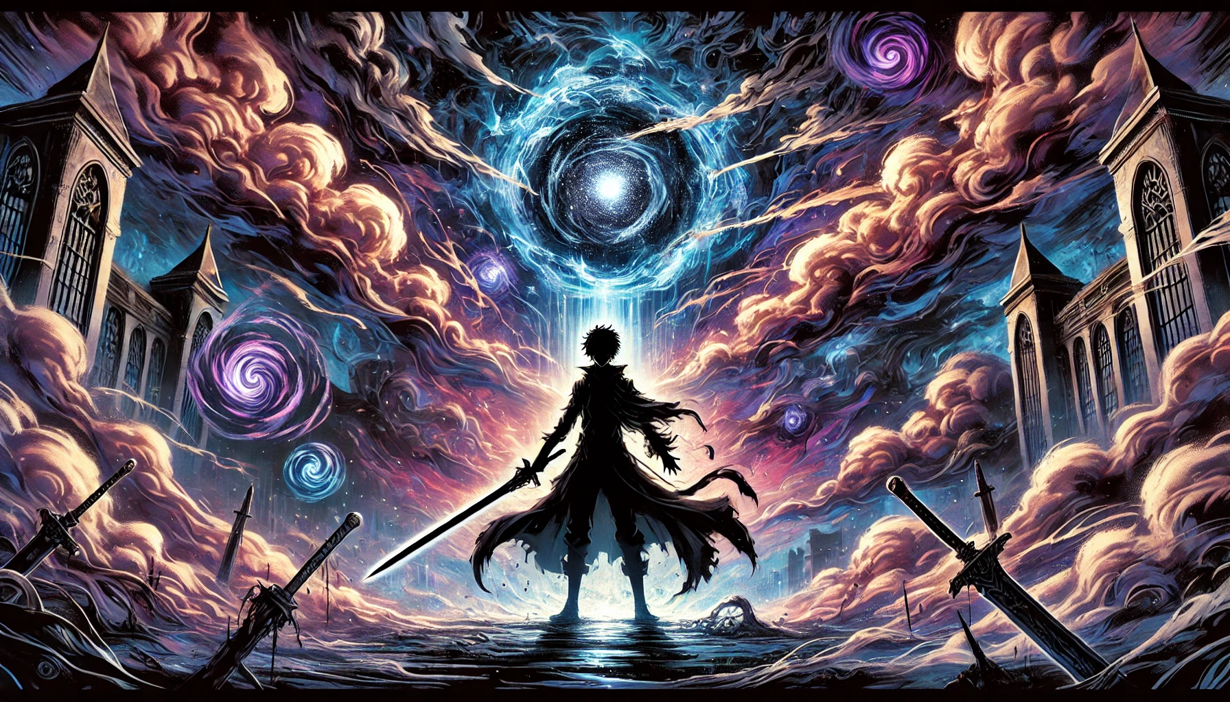 『俺だけレベルアップな件』最終回の結末を象徴するシーン。主人公が剣を構え、影のオーラに包まれた姿。終末的な都市背景にポータルが浮かぶ壮大な光景。