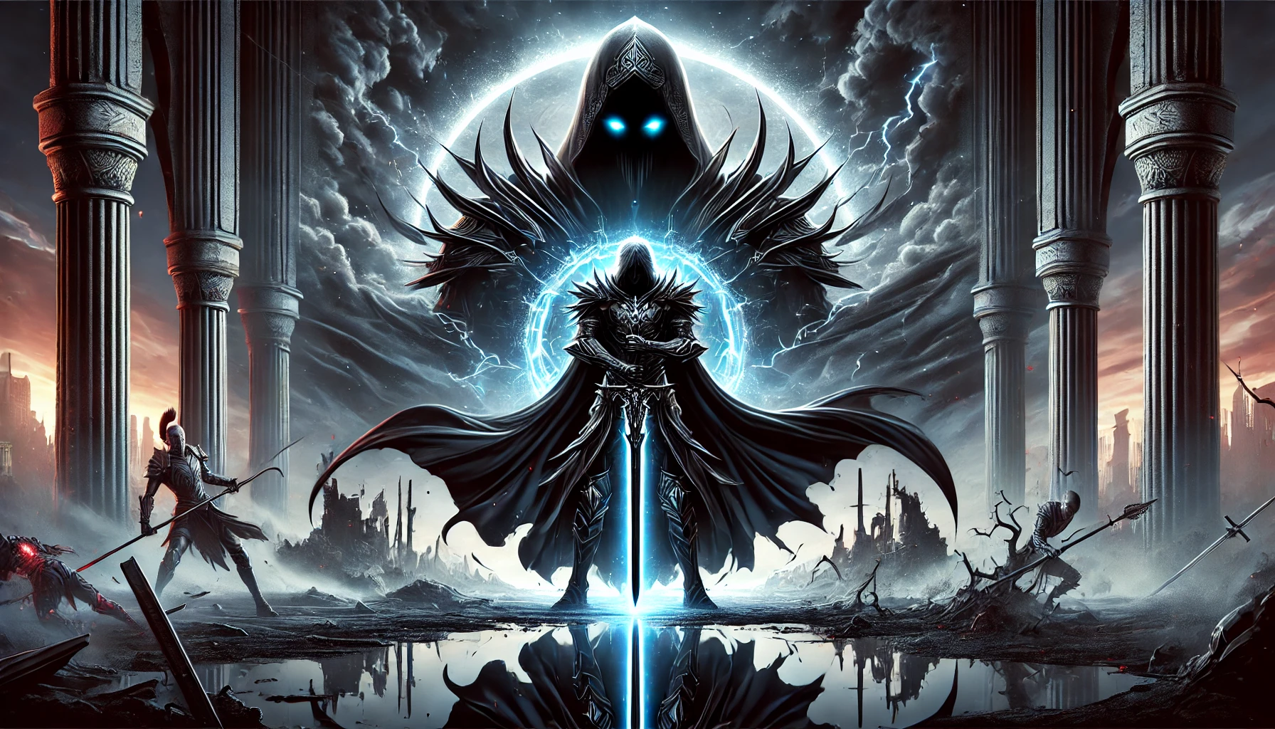 俺だけレベルアップな件 20巻最終決戦に挑む戦士と闇の敵が対峙する壮大なシーン。戦士は青く光る目と黒い剣を持ち、ダークオーラをまとっている。背景には崩壊した都市と雷が走る暗雲が広がり、激しい戦いの雰囲気を演出。