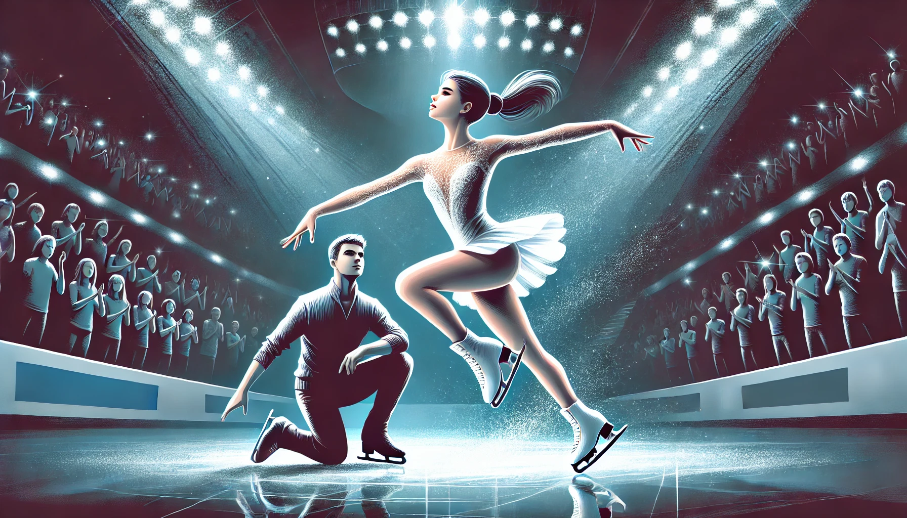 氷上で華麗にジャンプする女子フィギュアスケーターと、それを見守る男性コーチ。明るいアリーナの照明がリンクを照らし、競技の緊張感と美しさを際立たせている。背景には歓声を上げる観客が映り、冬らしいブルーとホワイトの色合いが印象的なシーン。