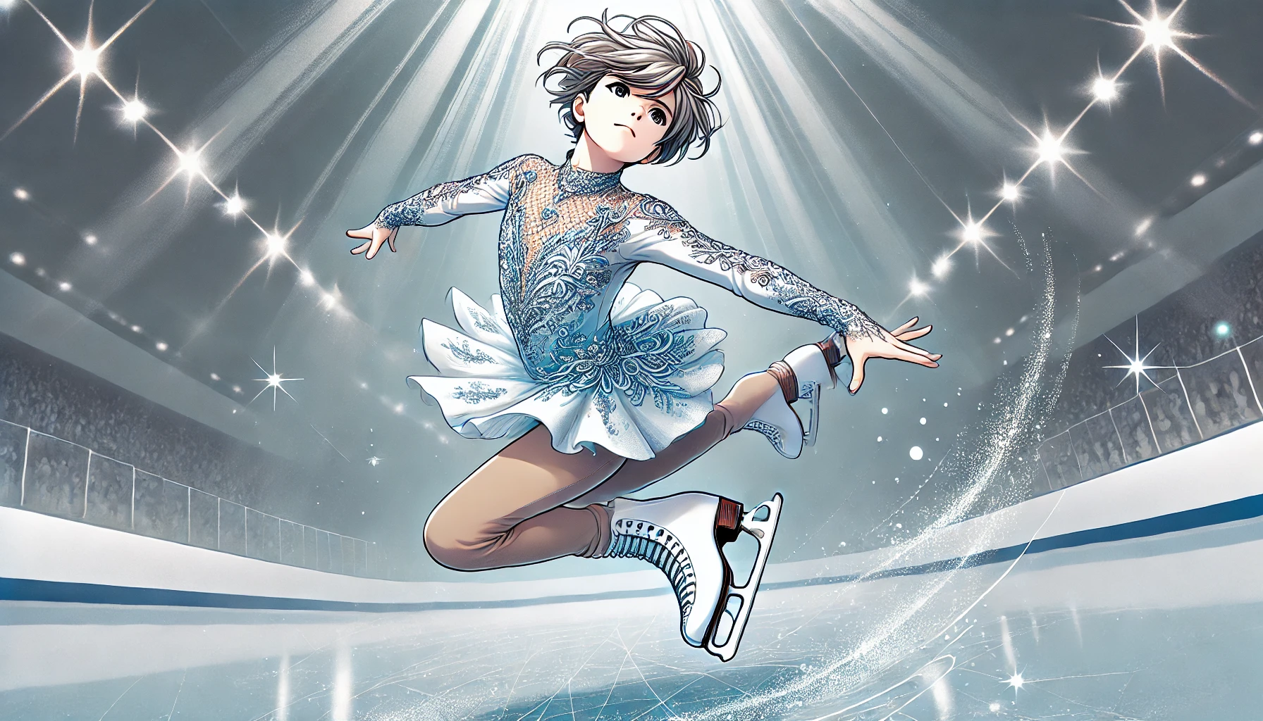 メダリスト フィギュアの世界を表現したイラスト。氷上で華麗なジャンプを披露する少女。