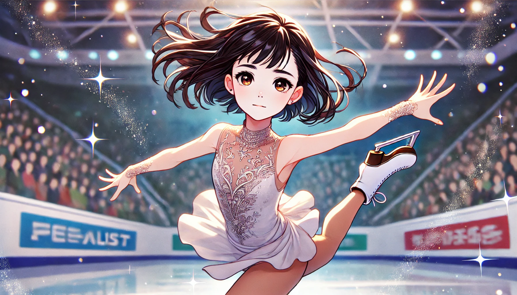 アニメ風の可愛いフィギュアスケーターが氷上で華麗にスピンする姿。美しい衣装と躍動感が魅力的なイラスト