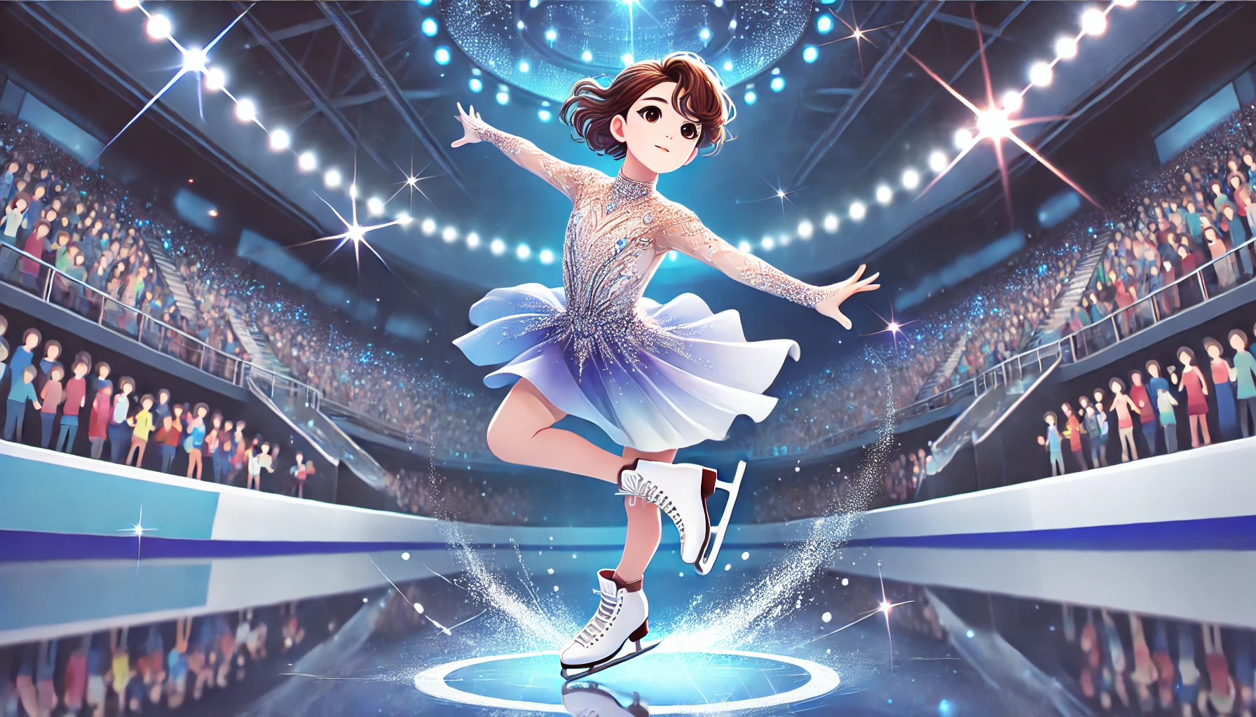 アニメ風の女性フィギュアスケーターが華麗にジャンプし、氷上で輝く演技を披露している様子。大会の雰囲気が伝わる観客席とスポットライトが背景に広がる。