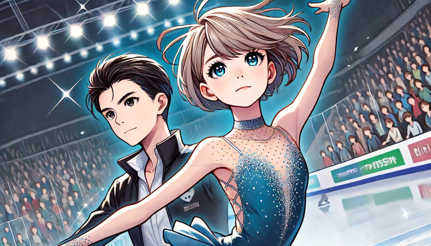 フィギュアスケートのリンクで華麗にジャンプする少女と、それを見守るコーチ。スポットライトが輝く氷上で、競技の緊張感と感動が伝わるアニメ風イラスト。