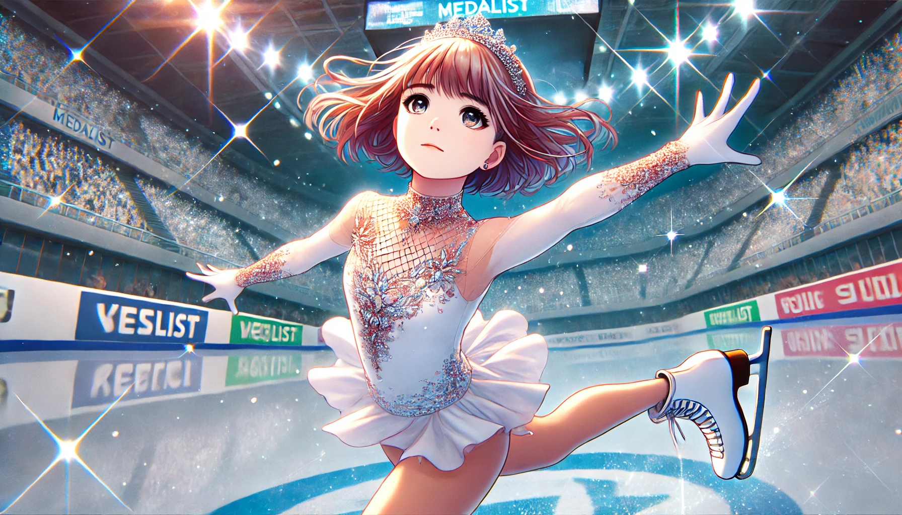 フィギュアスケートをテーマにした『メダリスト』のアイキャッチ画像。氷上で輝く少女が華麗に滑る姿が描かれている。背景にはリンクのライトが輝き、競技の緊張感と夢に向かう情熱が伝わる。