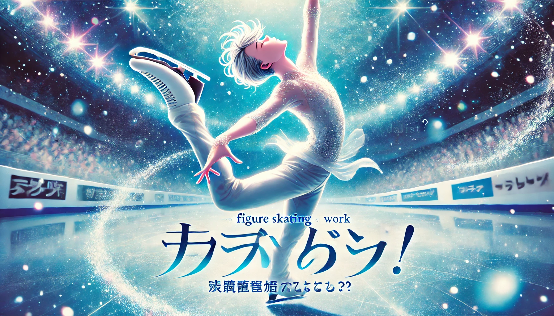 フィギュアスケートのリンク上で華麗にジャンプを決めるスケーターの姿。氷上の美しさと感動を表現したイメージ。