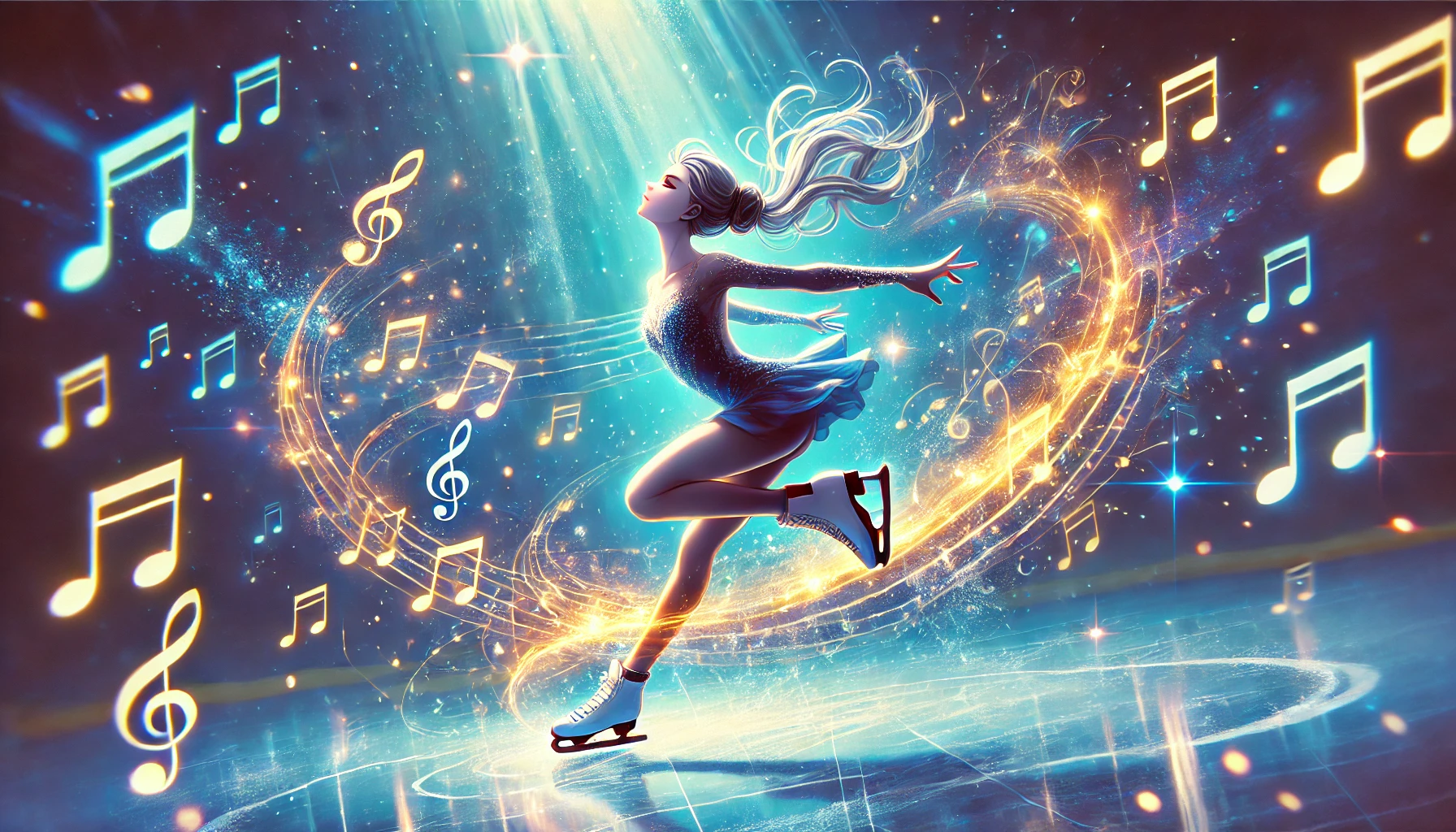 フィギュアスケーターが氷上を優雅に滑るアニメ風イラスト。周囲には音符や光のエフェクトが輝き、音楽と躍動感を表現。クールな青い背景にゴールドのアクセントが映えるデザイン。