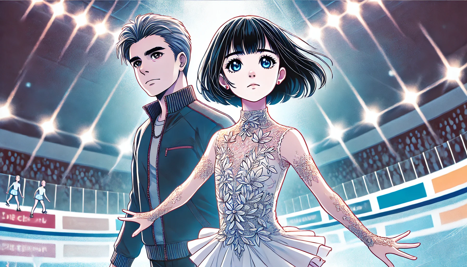 フィギュアスケートの大会に挑む少女とコーチの感動的なシーン。少女は決意に満ちた表情でリンクに立ち、コーチは優しく見守る。