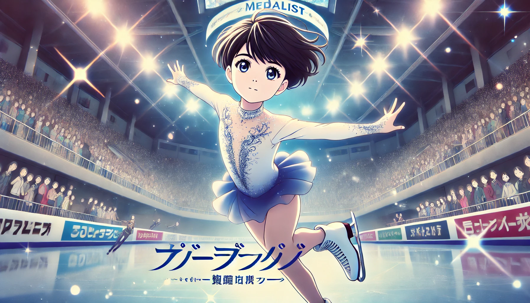 フィギュアスケートの演技を披露する少女。アニメ「メダリスト」の華麗なジャンプシーンを描いたアイキャッチ画像。