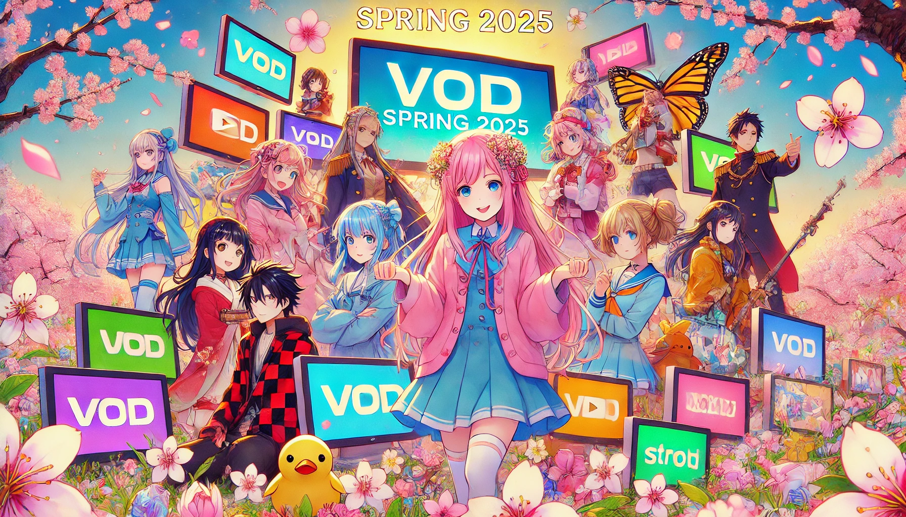 春の装いをした複数のアニメキャラクターが、桜の中でVOD画面に囲まれて集まるにぎやかなアニメ風イラスト