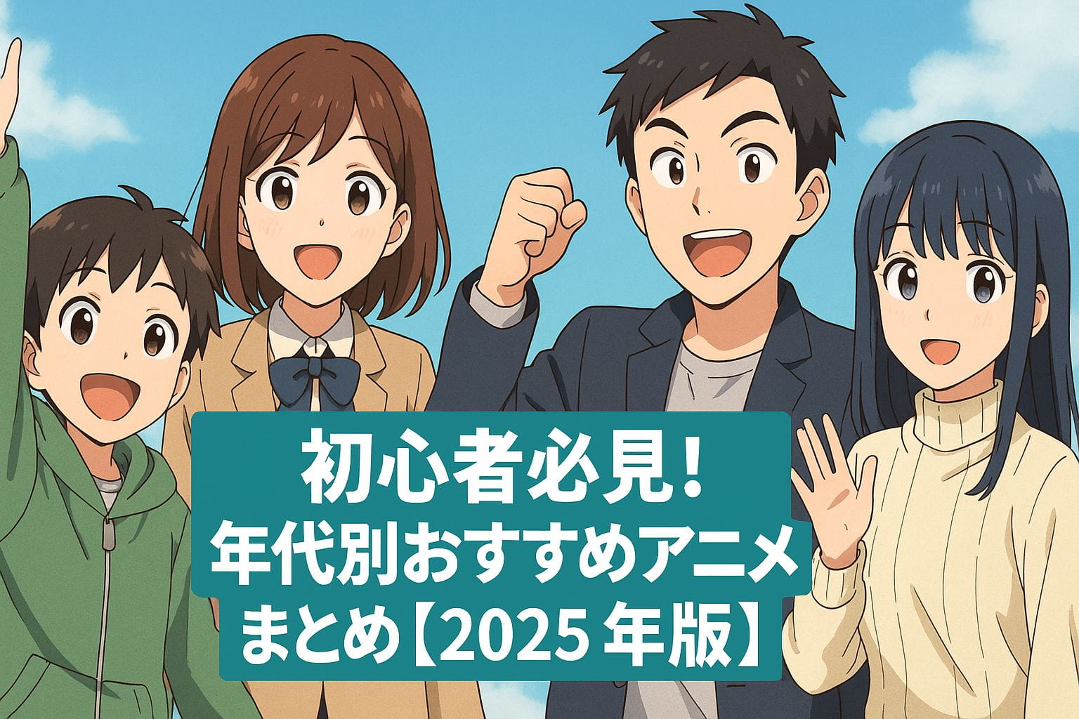 アニメ初心者向けガイド2025年版を紹介する、笑顔の男女4人のアニメ風イラスト
