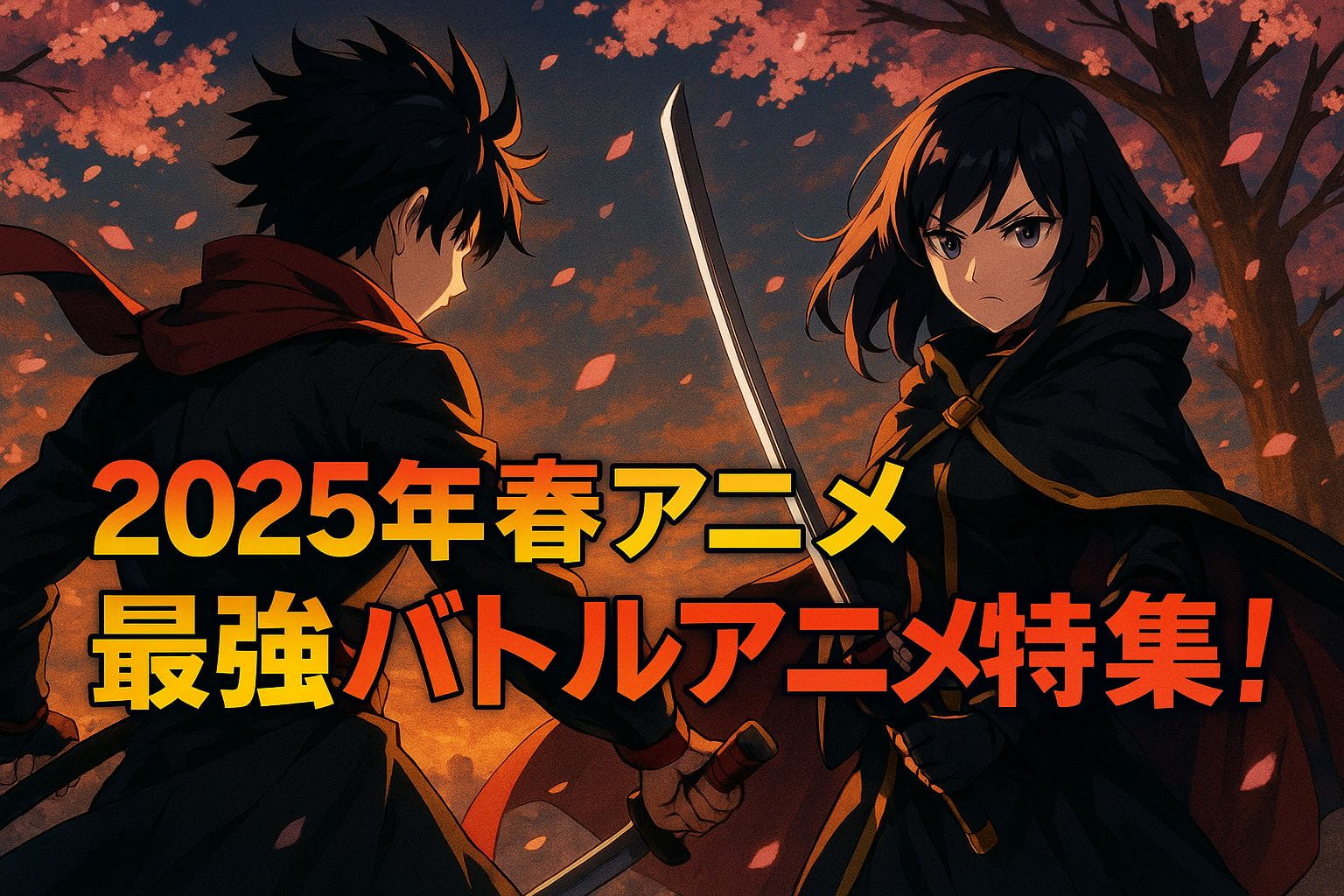桜が舞う夕暮れの下、剣を構えた2人の戦士が向かい合う2025年春アニメ最強バトル特集のビジュアル
