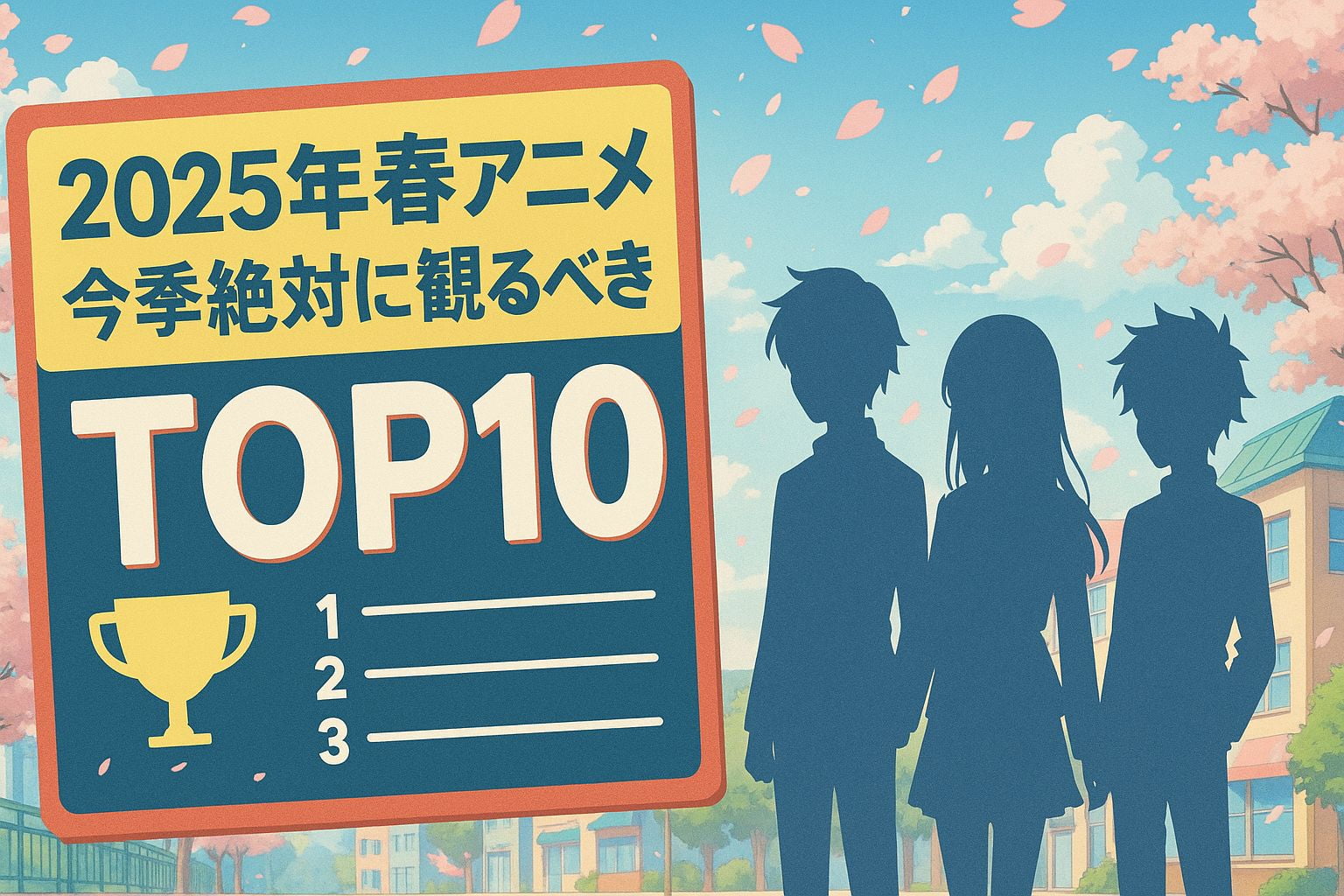 桜が舞う街並みを背景に、2025年春アニメTOP10ランキングを紹介するボードと3人のキャラクターシルエット