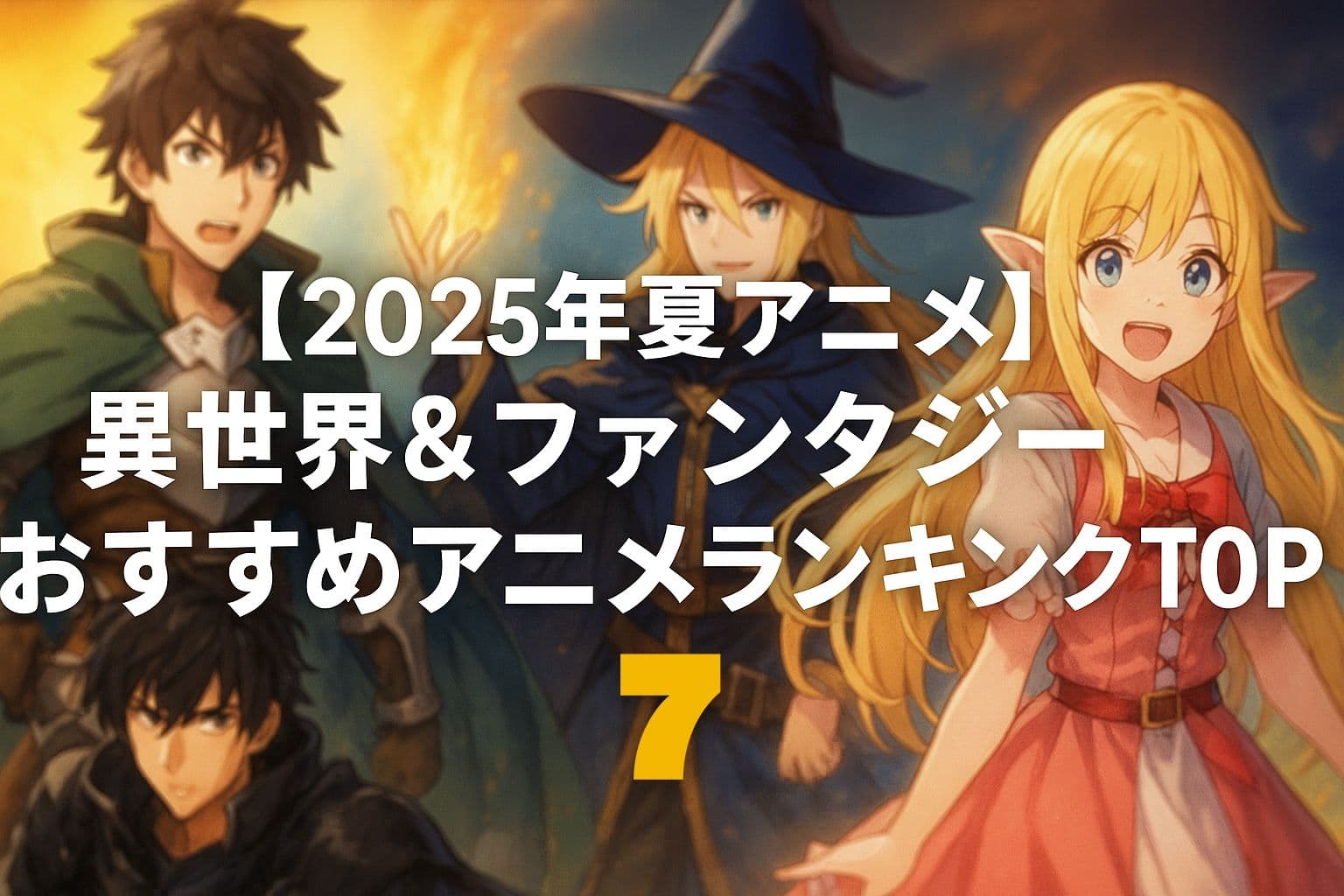 【2025年夏アニメ】異世界＆ファンタジーおすすめアニメランキングTOP7の文字が中央に配置された、魔法使いや剣士、エルフ風キャラクターが描かれたファンタジー風のアイキャッチ画像