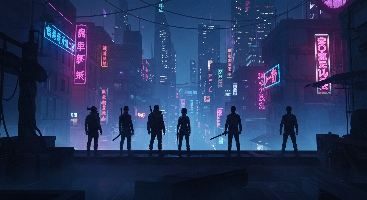 A cyberpunk-style illustration showing silhouettes in a neon-lit city, with the title “Lazarus Anime – Original Creator and Production Secrets” in bold text