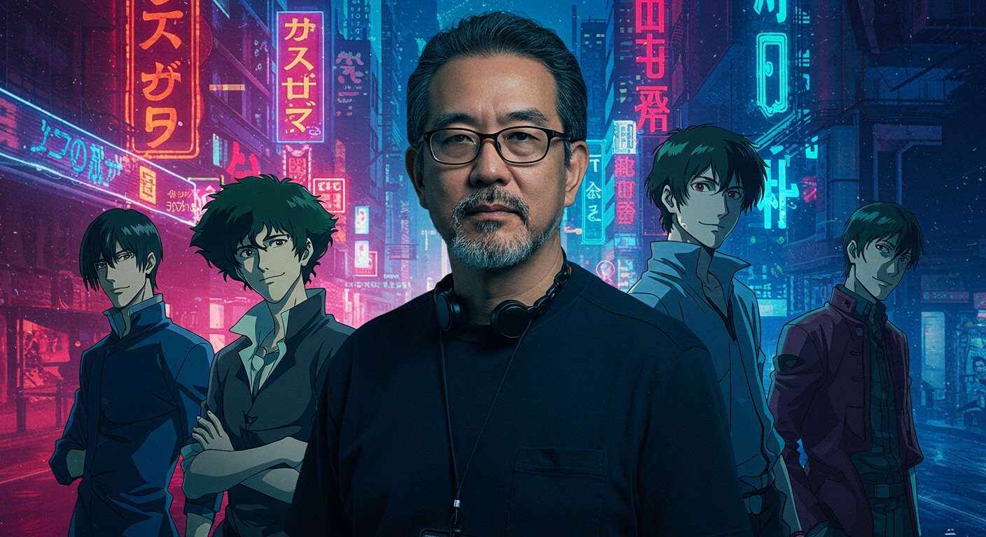 A stylized anime visual featuring director Shinichirō Watanabe in the center, flanked by characters from "Cowboy Bebop" and "Lazarus" against a neon-lit cyberpunk city backdrop