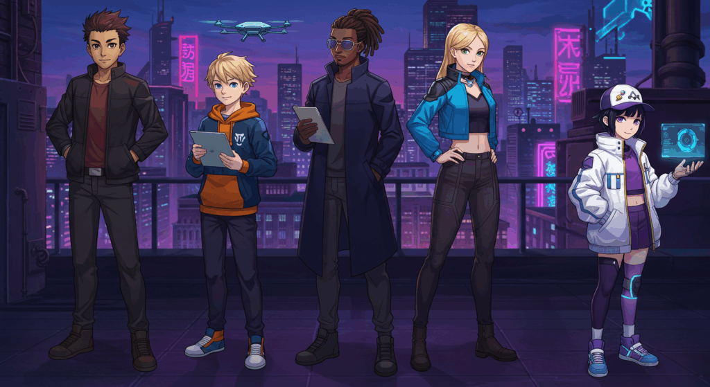 近未来都市の夜景を背景に、L-ZEROの5人のオリジナルキャラクターが並んで立つ。左からアッシュ、レオ、グレイ、マリア、アイナ。全員が個性的な服装とポーズで、SFアクションのチームらしい雰囲気を放っている。