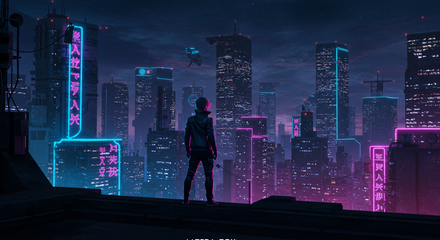 A lone anime-style figure stands on a rooftop overlooking a futuristic city glowing with neon lights and towering skyscrapers at night