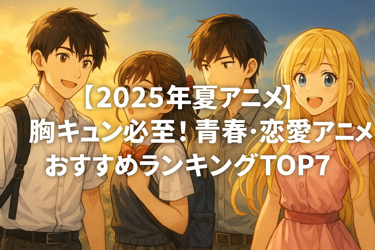 【2025年夏アニメ】恋と青春のおすすめアニメランキングTOP7の文字が中央に配置された、制服姿の男女や夕焼けの校舎が描かれた青春ラブコメ風アイキャッチ画像