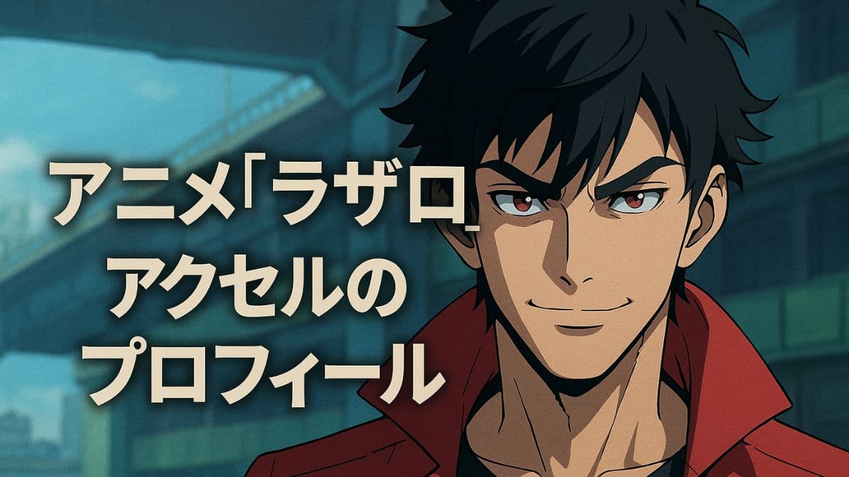 アニメ『ラザロ』のキャラクター・アクセルが微笑むアイキャッチ画像。背景には未来都市が描かれており、タイトルテキストが3行で中央に配置されている。