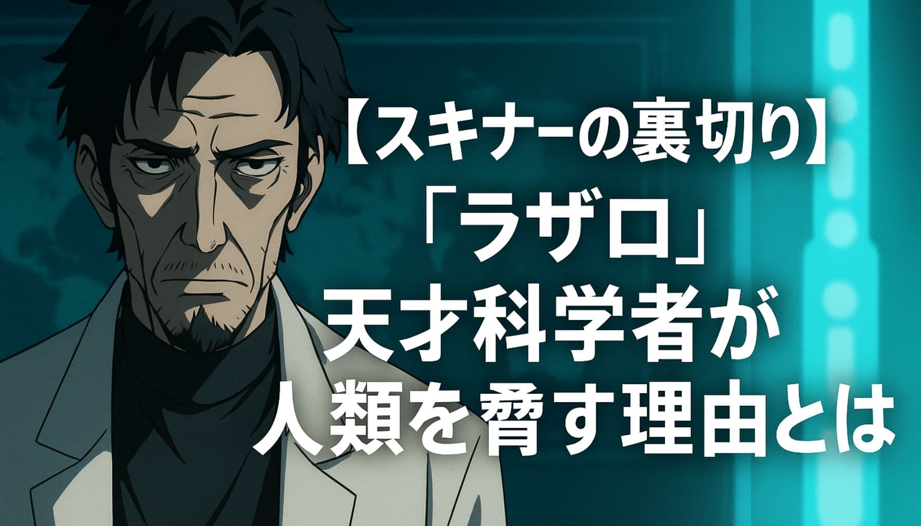 『ラザロ』に登場する天才科学者スキナーの裏切りと人類への脅迫を描くアイキャッチ画像。中央にタイトルテキストが配置されている。