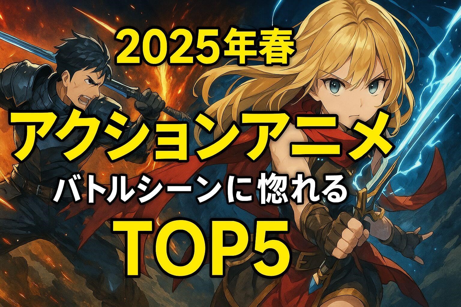 2025年春のアクションアニメTOP5を紹介するバトルシーン満載のアイキャッチ画像。剣を構えた男女キャラが激突するアニメ風イラスト。