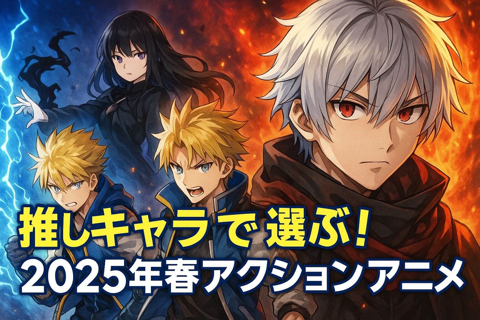 炎と雷を背景にした3人のアニメキャラクターが描かれた2025年春アクションアニメのアイキャッチ画像。中央には銀髪の主人公、左には雷をまとう少年、奥には黒髪の女性キャラが登場し、「推しキャラで選ぶ！2025年春アクションアニメ」の文字が配置されている。