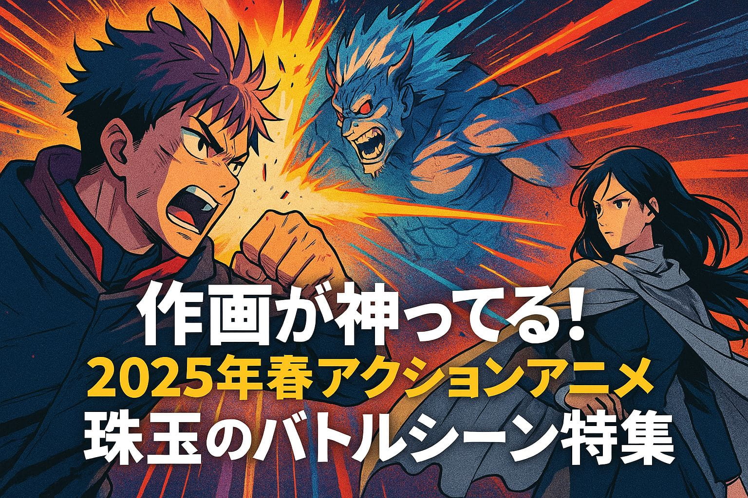 2025年春アニメ特集のアイキャッチ画像。左に叫ぶ少年ヒーロー、右に睨む女性キャラ、中央に青いモンスターと激突する緊迫したバトルシーンが描かれ、「作画が神ってる！」の文字が強調された構図。