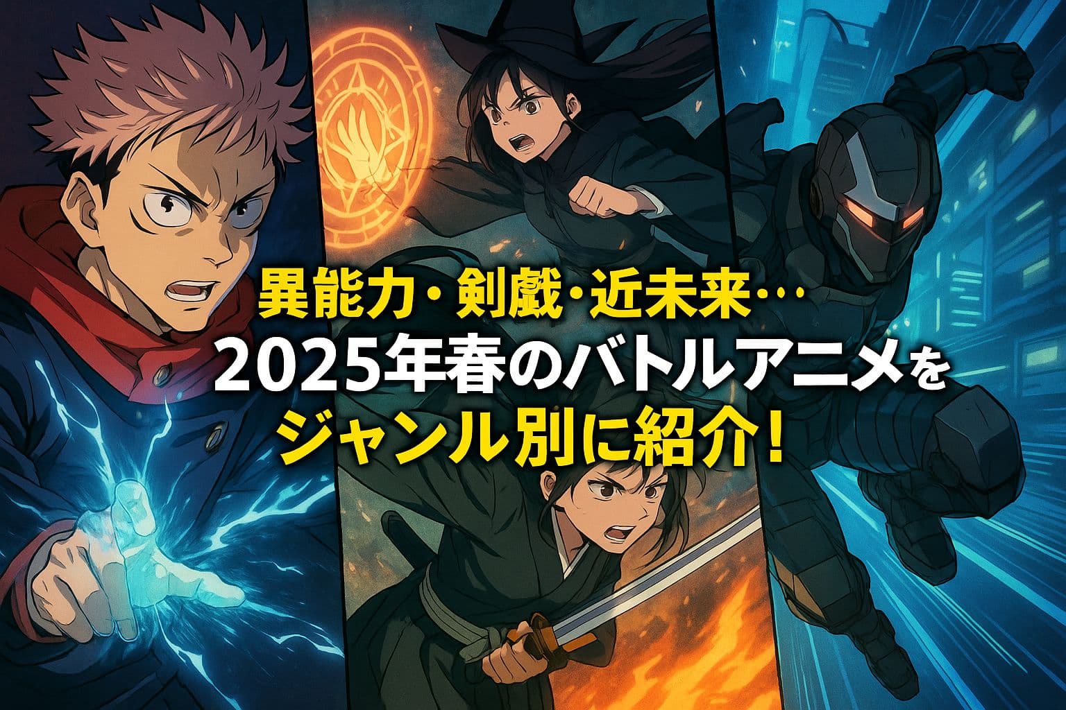 異能力、剣戟、近未来のジャンルを象徴する4人のキャラクターが戦闘態勢で描かれた2025年春アニメ特集のビジュアル。魔法陣、エネルギー、刀、近未来スーツがジャンルごとの世界観を表現している。