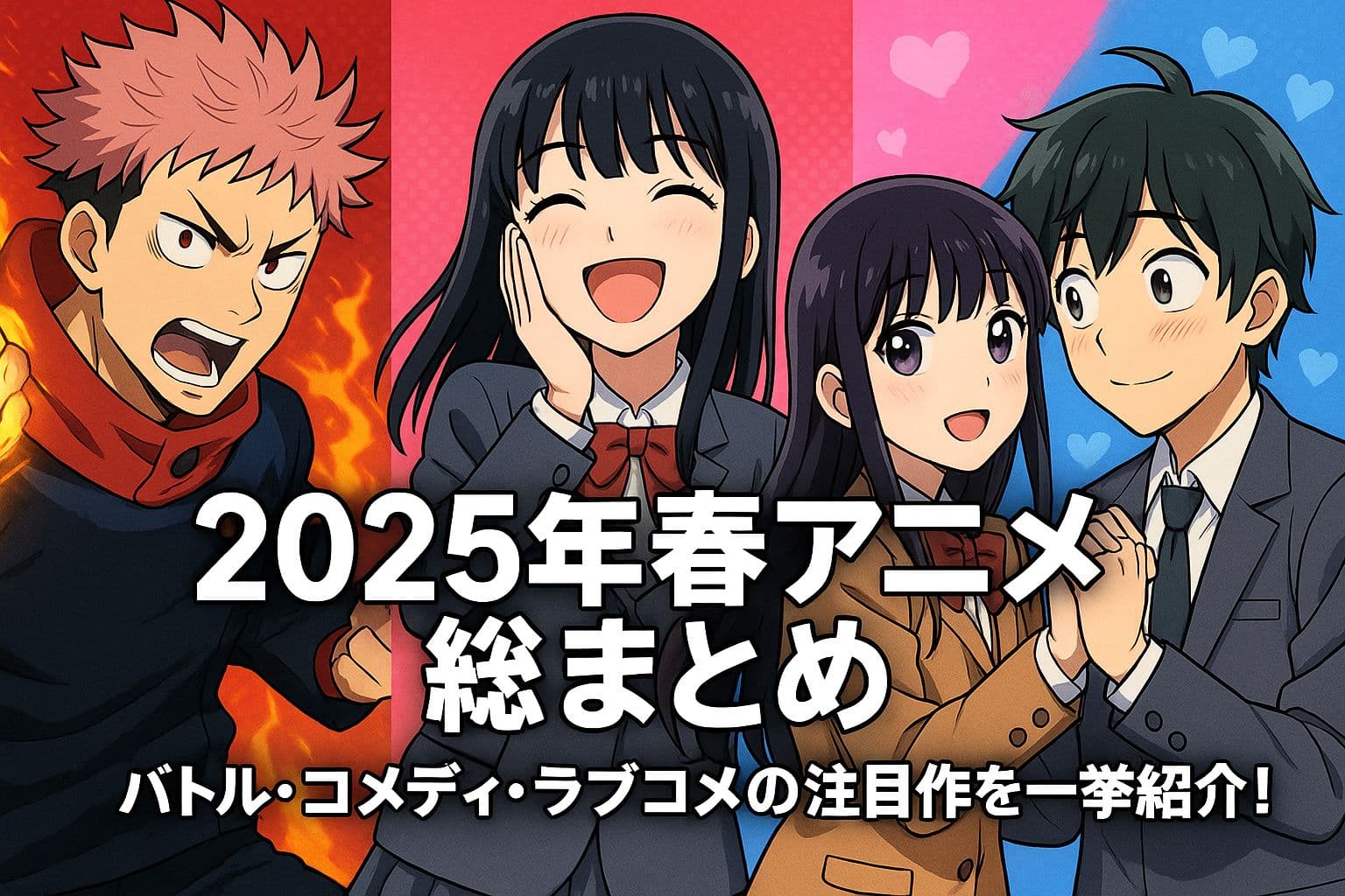 バトル・コメディ・ラブコメのジャンルを象徴する4人のキャラが並び、「2025年春アニメ総まとめ」のタイトルが中央に配置されたビジュアル。赤・ピンク・青の背景色でジャンルを視覚的に区分している。