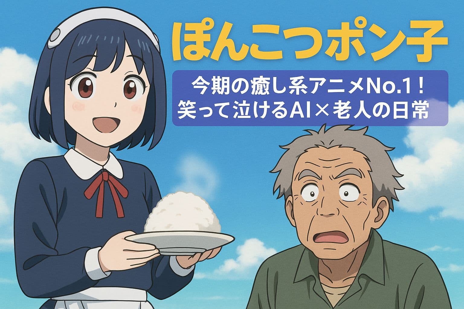 笑顔のポン子がご飯を差し出し、老人が驚いた表情で並ぶ『ぽんこつポン子』のアイキャッチ画像。青空背景と明るい色使いが、癒しとユーモアを伝える構成。
