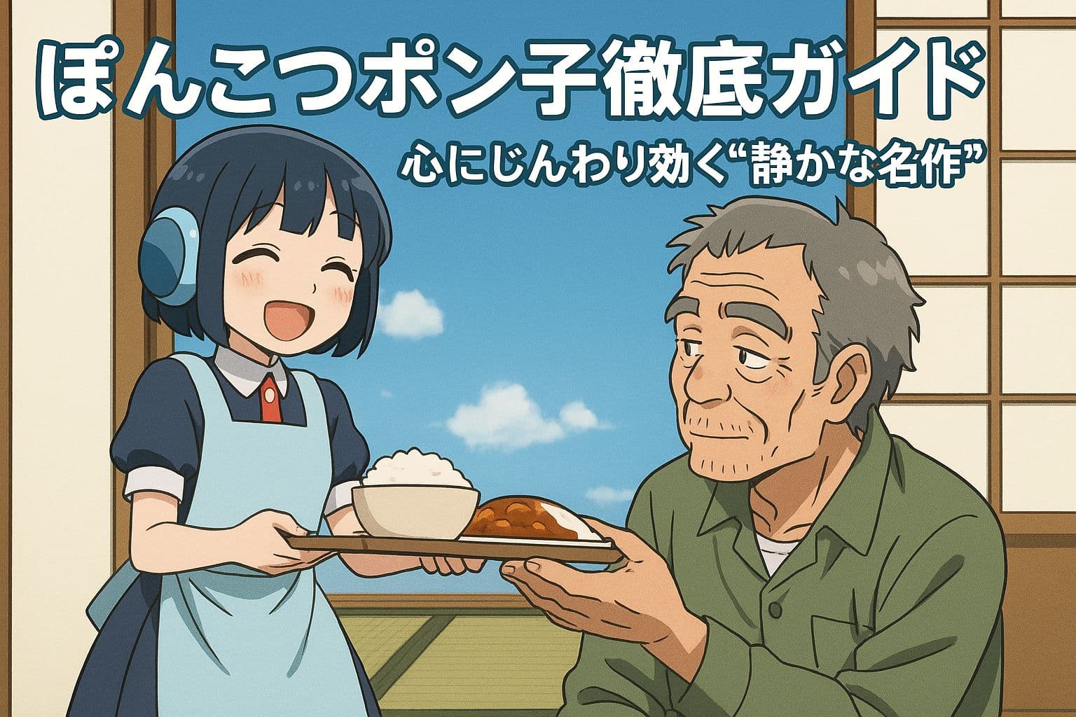 『ぽんこつポン子』のアイキャッチ画像。笑顔のAIポン子がカレーライスを差し出し、老人の小津が微笑みながら受け取る和やかなシーン。和室と青空が背景で、日常と心温まる関係性を描写。