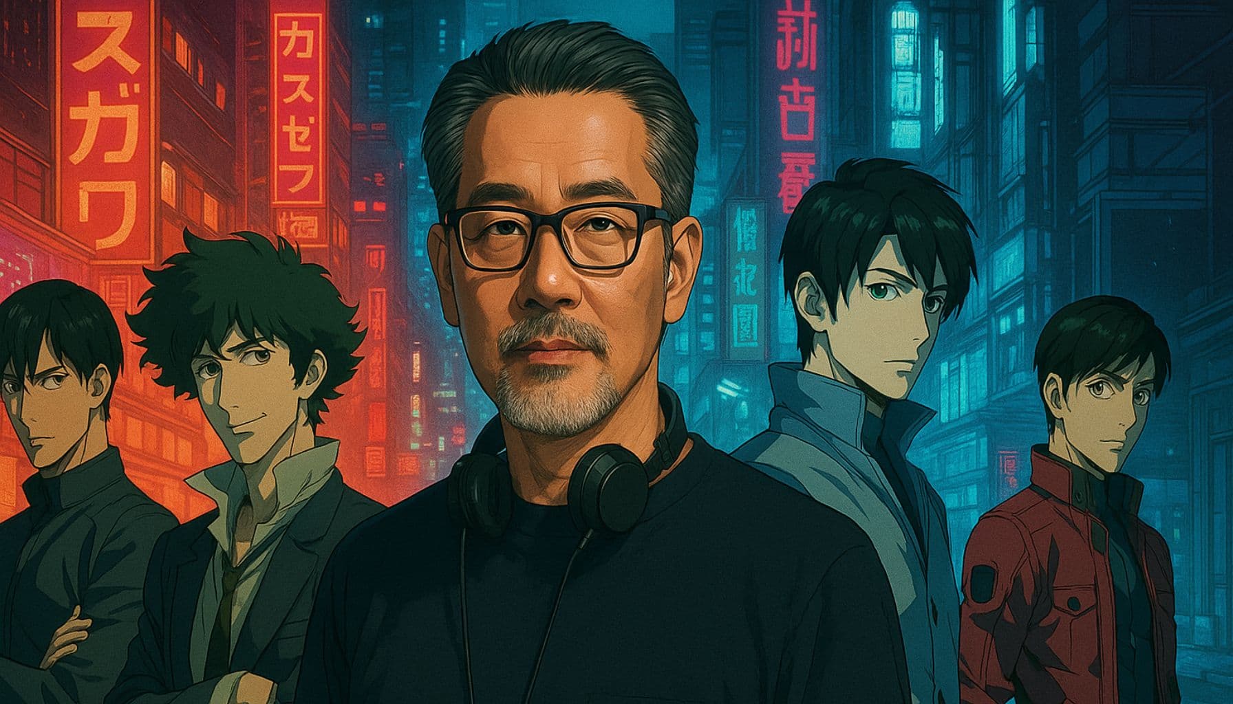渡辺信一郎監督が中央に立ち、『カウボーイビバップ』と『ラザロ』のキャラクターがネオンの街を背景に左右に並ぶアニメ風ビジュアル