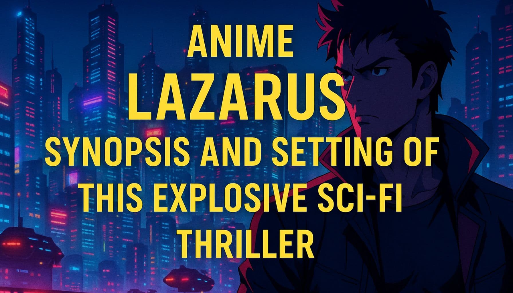 A bold anime-style illustration of a male protagonist standing before a futuristic cityscape glowing with neon lights, with the title “Anime Lazarus: Synopsis and Setting of This Explosive Sci-Fi Thriller” displayed prominently in yellow text across the center.