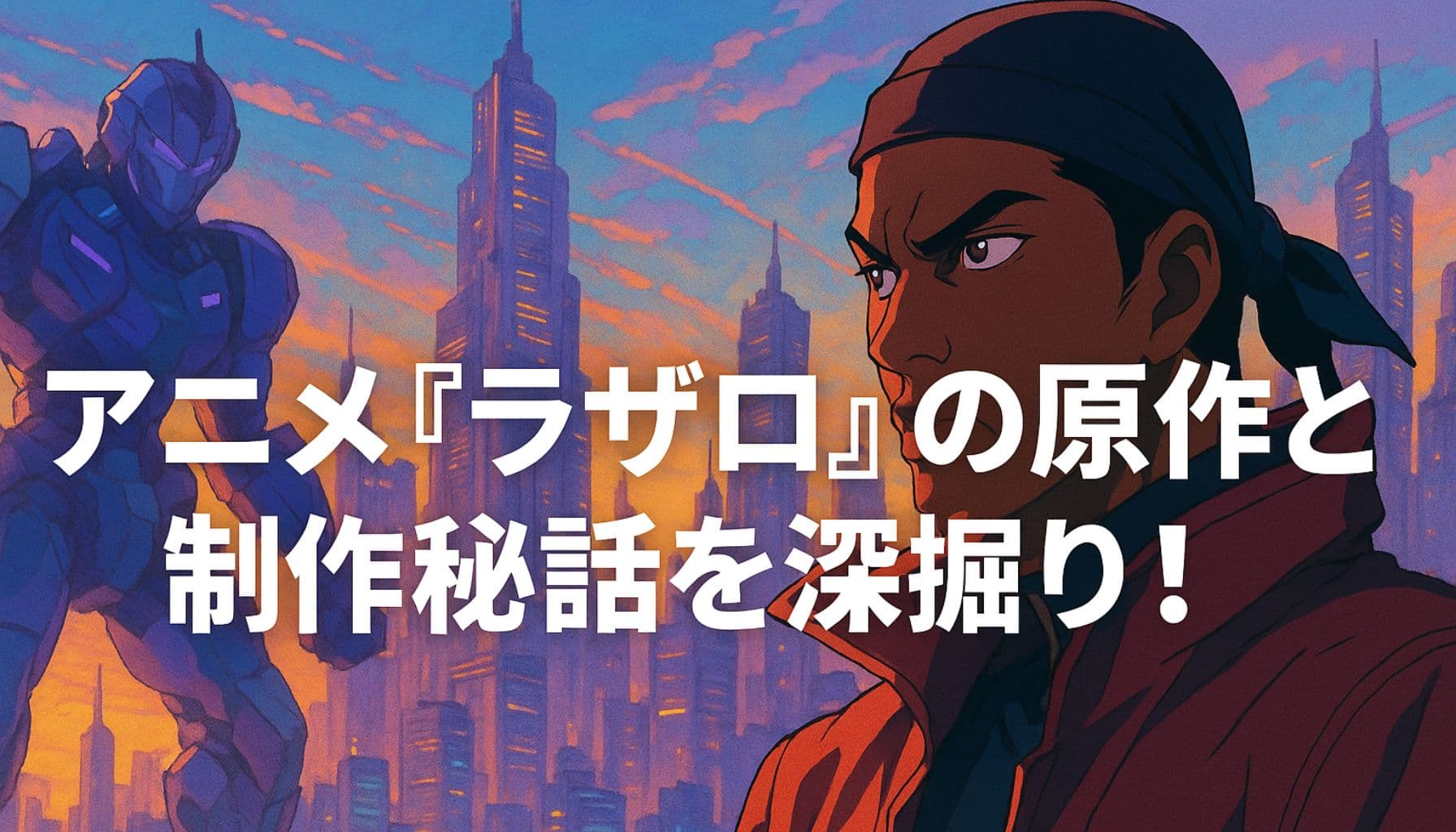 夕焼けに染まる近未来都市を背景に、バンダナを巻いた男性キャラクターと巨大ロボットが描かれている。画面中央には「アニメ『ラザロ』の原作と制作秘話を深掘り！」という白い日本語タイトルテキストが配置されている。