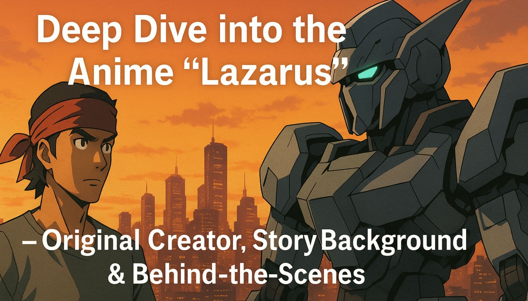 An anime-style young man wearing a red headband stands beside a large futuristic robot, both facing right with a glowing sunset city skyline behind them. The central text reads: “Deep Dive into the Anime ‘Lazarus’ – Original Creator, Story Background & Behind-the-Scenes.”