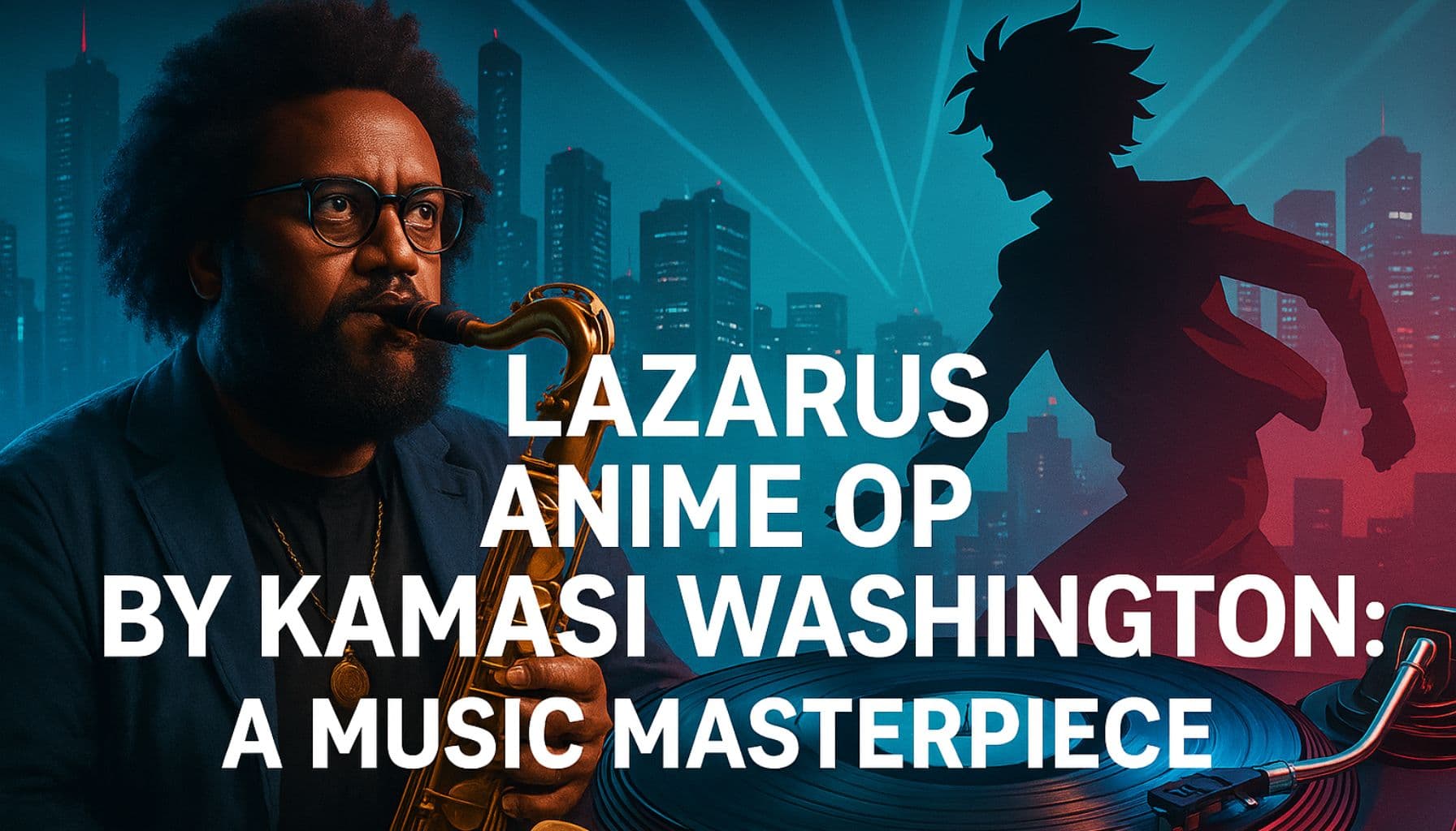An eye-catching image introducing the Lazarus anime's opening theme music, featuring a jazz saxophonist, a running silhouette, and a turntable against a futuristic city backdrop.