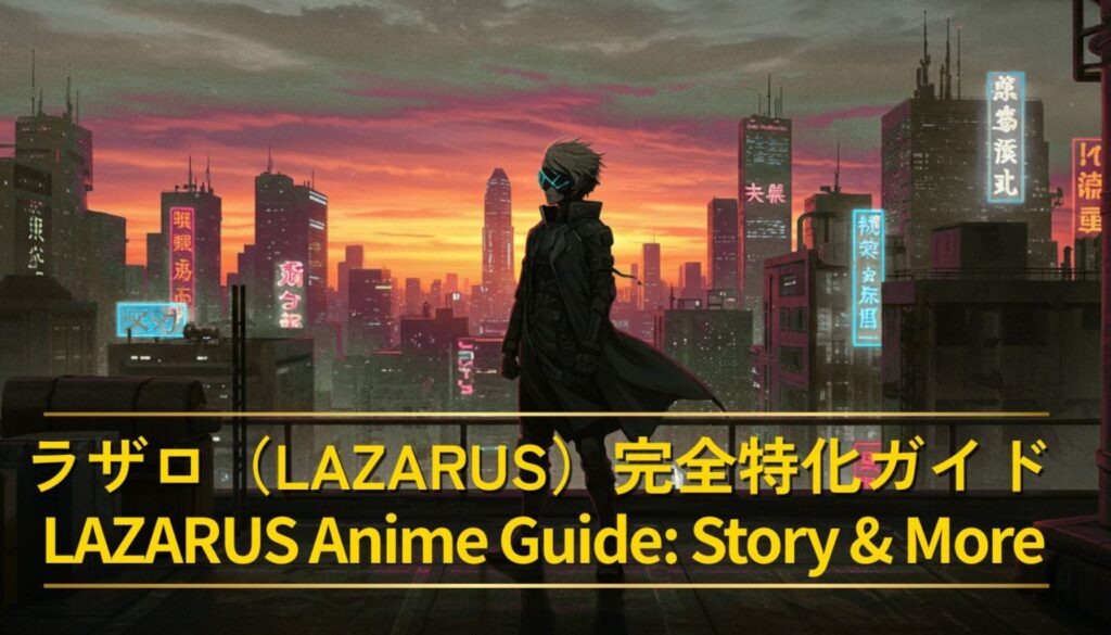 ラザロ（LAZARUS）アニメ特化カテゴリの紹介画像。近未来都市の背景に主人公風キャラクターと日本語・英語のガイドタイトル入り。