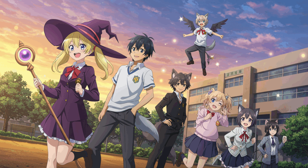 『ウィッチウォッチ』の主要キャラクターたちが校舎前に勢ぞろいしているアニメ風イラスト。夕焼け空を背景に、魔女の少女や天狗の少年、鬼、狼、猫耳のキャラたちが笑顔でポーズを決める青春ファンタジーなワンシーン。