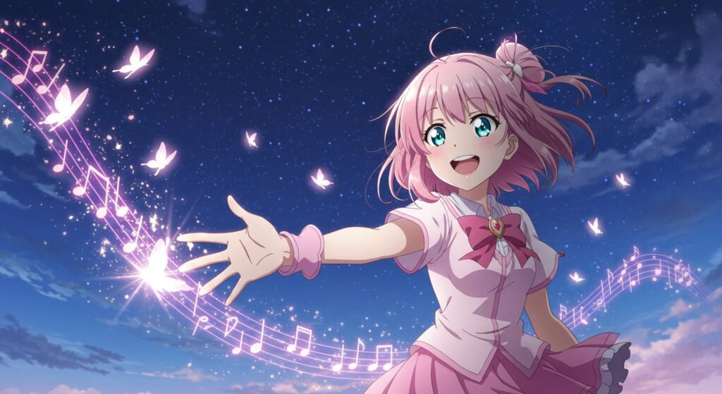 夜空に手を伸ばすピンク髪の魔法少女風キャラ。蝶と音符が光りながら舞い、幻想的な雰囲気の中で「見て！」と笑顔で呼びかけるシーン。青春と魔法が融合したアニメ風イラスト。