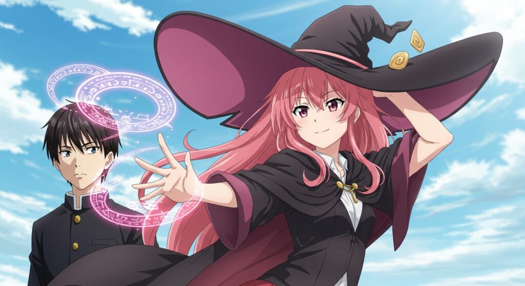 「魔女の帽子をかぶった少女が魔法を放つ姿と、その隣で学生服姿の少年が真剣な表情で立っているアニメ風のイラスト」