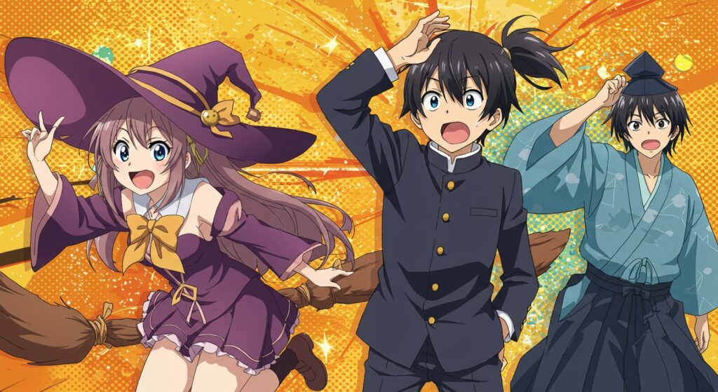 魔女の帽子をかぶった少女と、学生服・和装姿の少年たちが明るい背景の中で元気にポーズを取るアニメ風イラスト