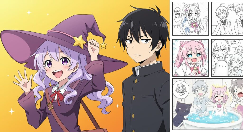 紫の魔女帽をかぶった明るい少女と、黒髪で真面目そうな男子高校生が並んで立っている。背景は明るいオレンジ色。右側には4コマ風のパネルが配置され、魔法少女のコスプレをしたキャラ、ピンク髪の女の子、おばけと驚く生徒たち、猫耳になってお風呂に入る女の子など、コミカルなシーンが描かれている。
