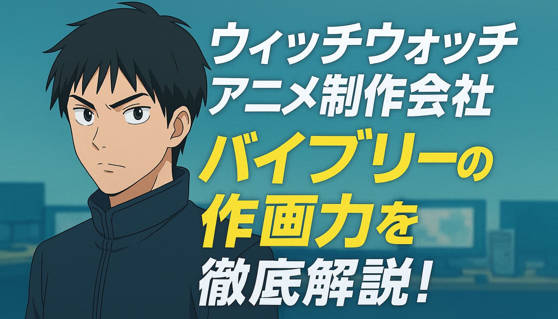 『ウィッチウォッチ』のアニメ制作会社バイブリーアニメーションの作画力を紹介するアイキャッチ画像。黒髪の男子キャラとアニメスタジオ風の背景、見出しテキスト入り。