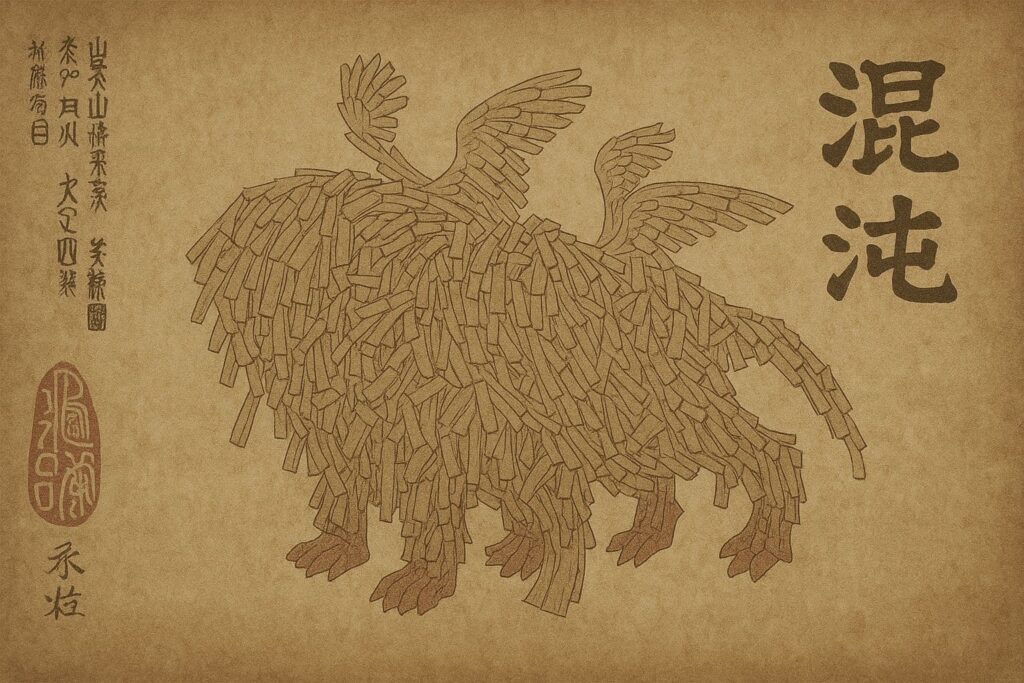 複数の羽を持つ幻想的な木片の獣が描かれた、古びた和紙風の巻物アート。右上に“混沌”の漢字、左側に縦書きの書と印章が配置され、伝統的な東洋美術の雰囲気が漂う。